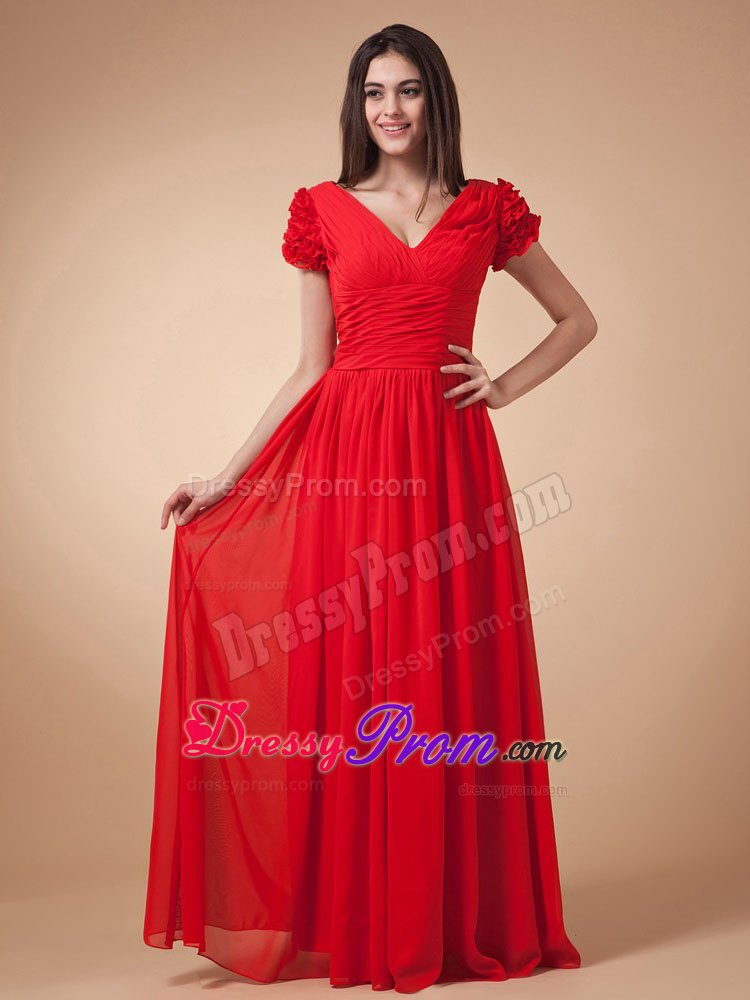 Short Sleeves Wine Red Empire Prom Dress V-neck Chiffon With Ruche