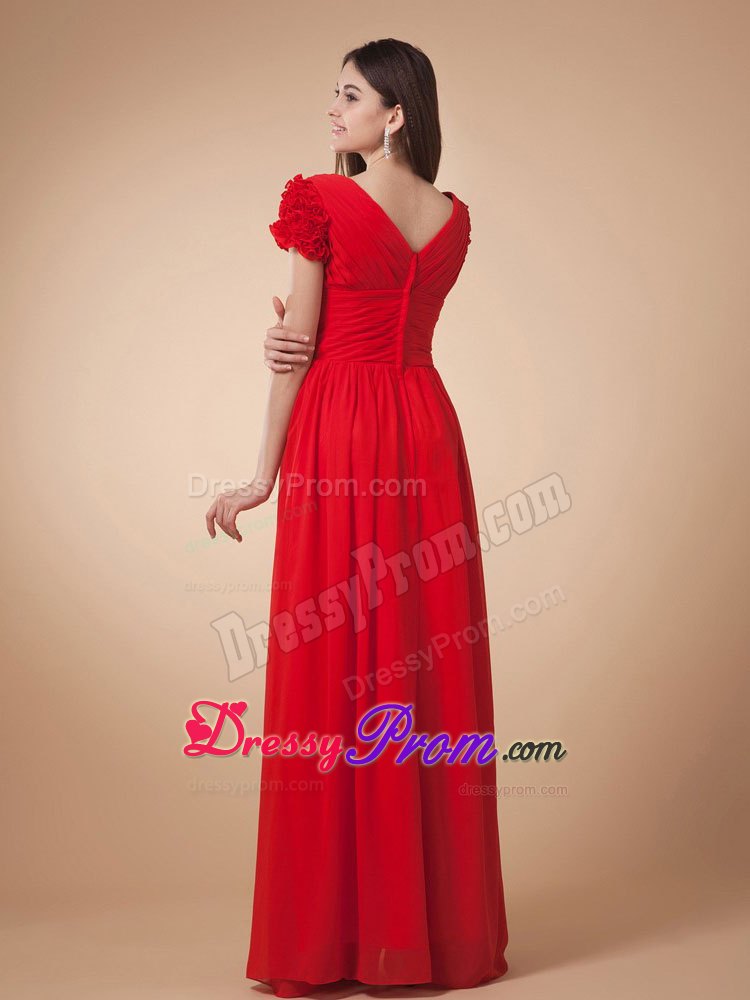 Short Sleeves Wine Red Empire Prom Dress V-neck Chiffon With Ruche