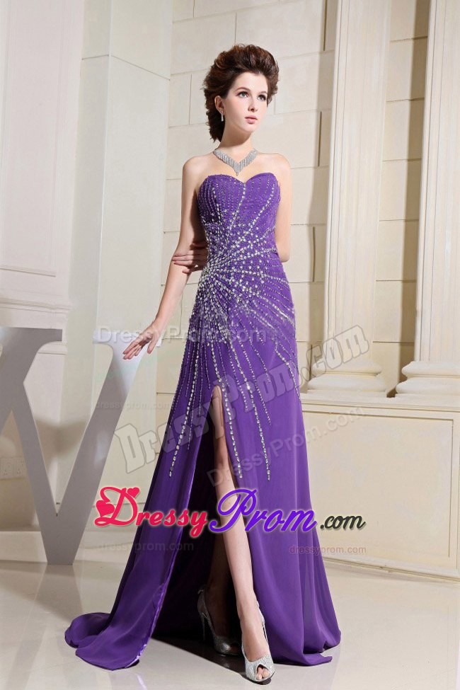 Beaded Purple Prom Evening Dress With High Slit Floor Length