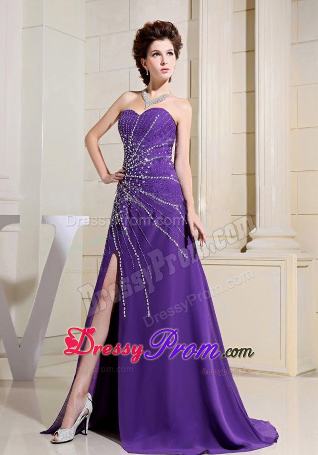 Beaded Purple Prom Evening Dress With High Slit Floor Length