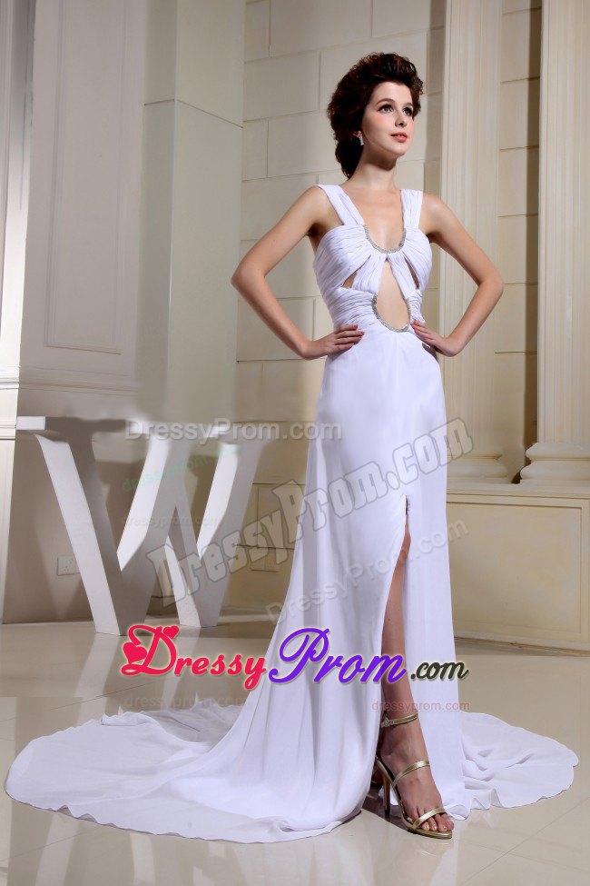 White Brush Train Prom Dress With Cutout Bodice and High Slit