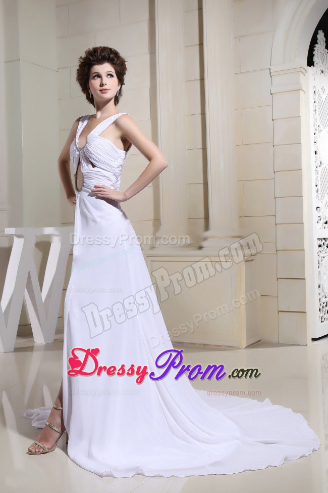 White Brush Train Prom Dress With Cutout Bodice and High Slit