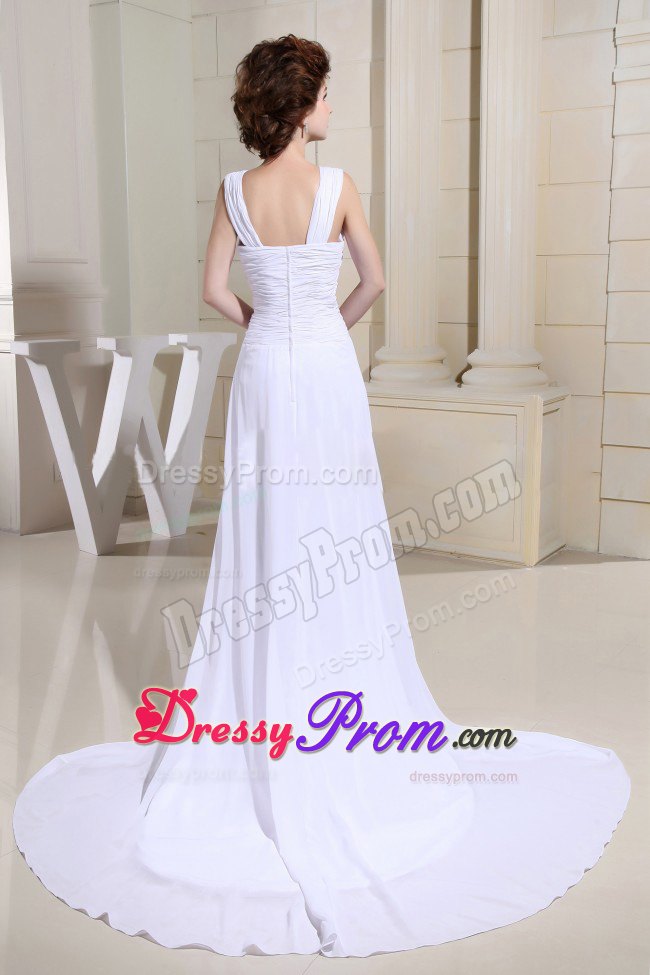 White Brush Train Prom Dress With Cutout Bodice and High Slit