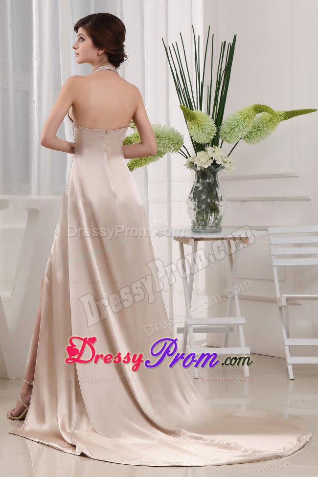 Champagne Empire Beading Halter Brush Train Prom Gown Dress