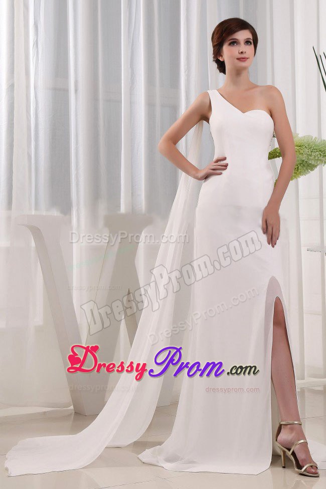 Middle Slit Column Ivory One Shoulder Prom Pageant Dress