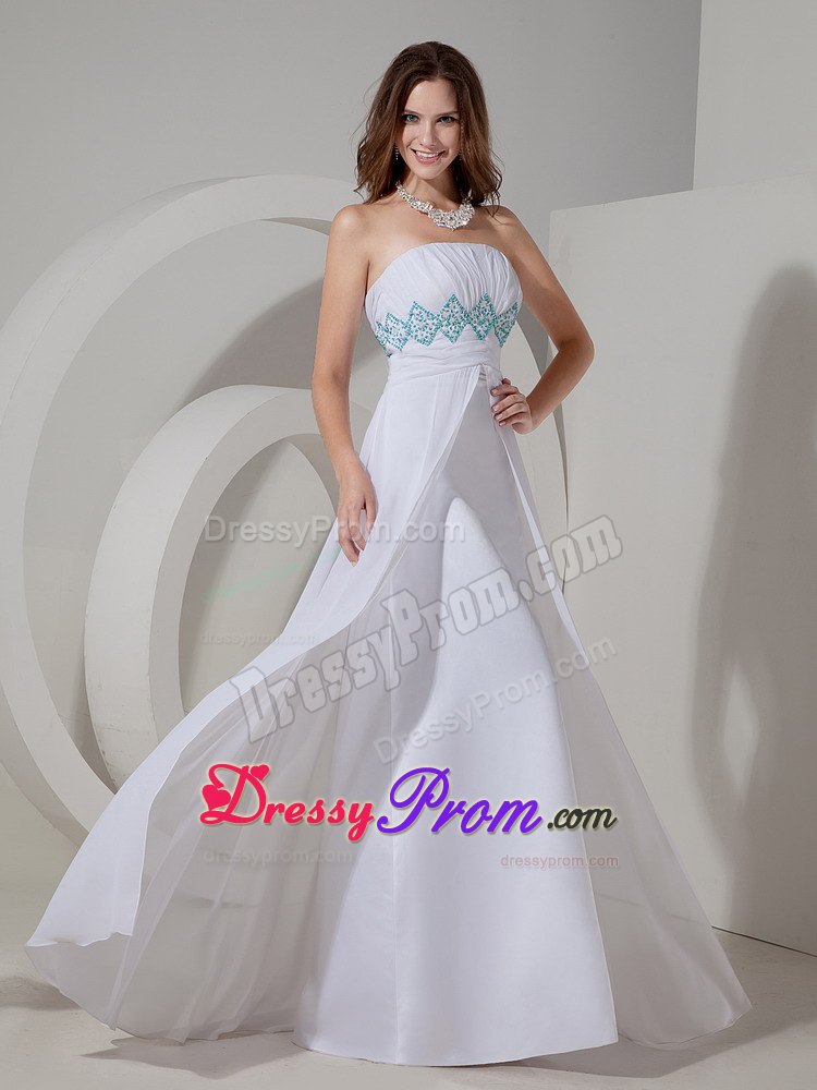 Strapless White Column Prom Evening Dress with Beading