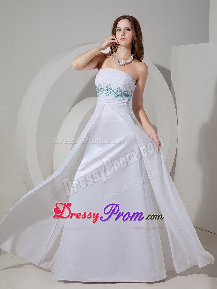 Strapless White Column Prom Evening Dress with Beading