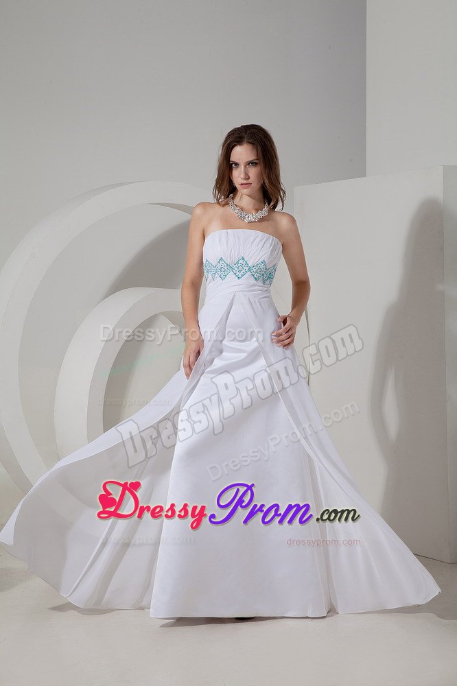 Strapless White Column Prom Evening Dress with Beading