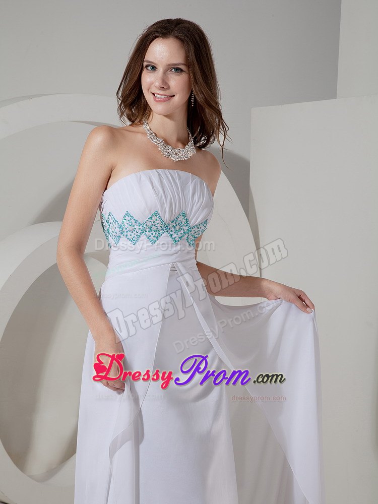 Strapless White Column Prom Evening Dress with Beading