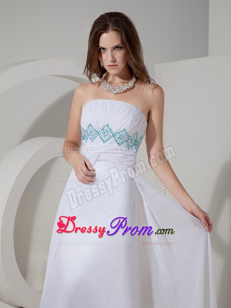 Strapless White Column Prom Evening Dress with Beading