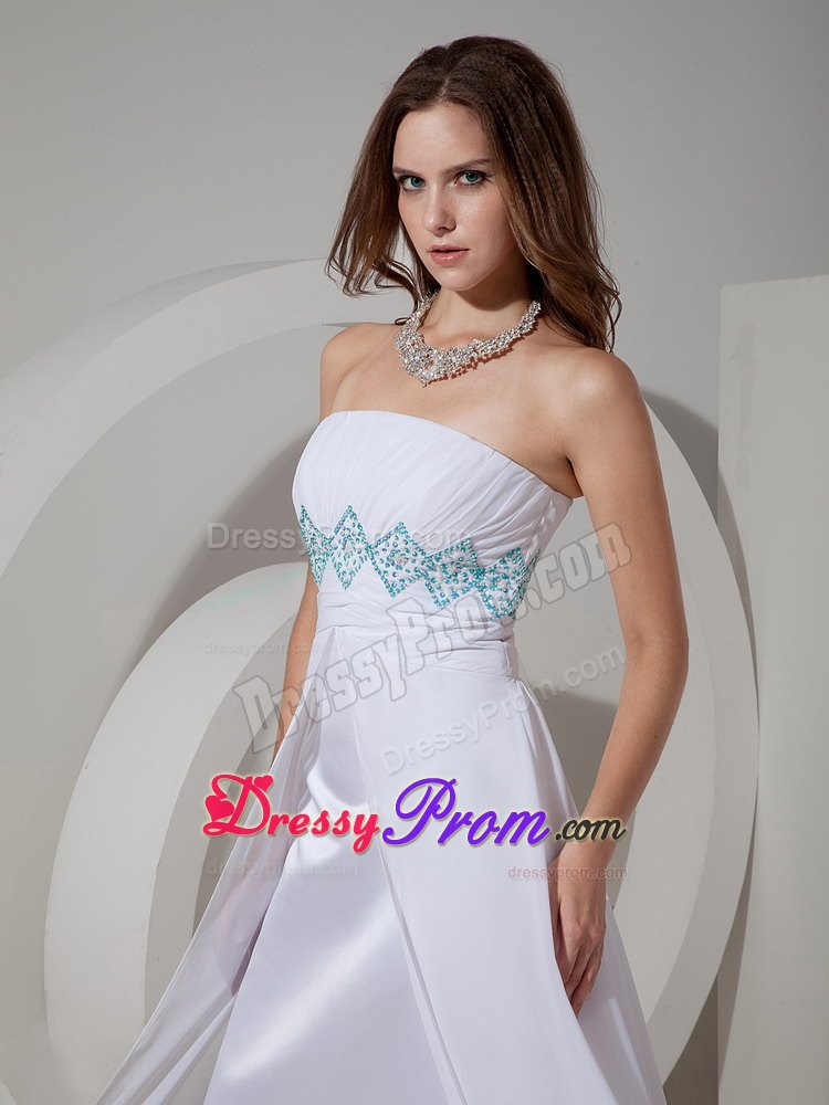 Strapless White Column Prom Evening Dress with Beading