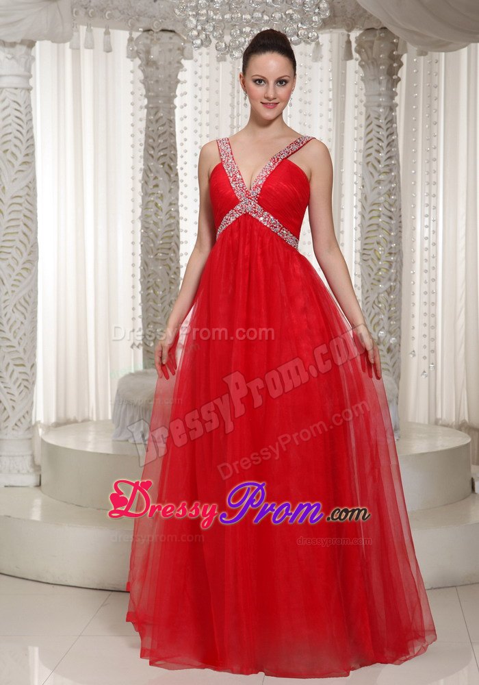 Beading Straps Chiffon Floor-length Prom Dress With V-neck in Red
