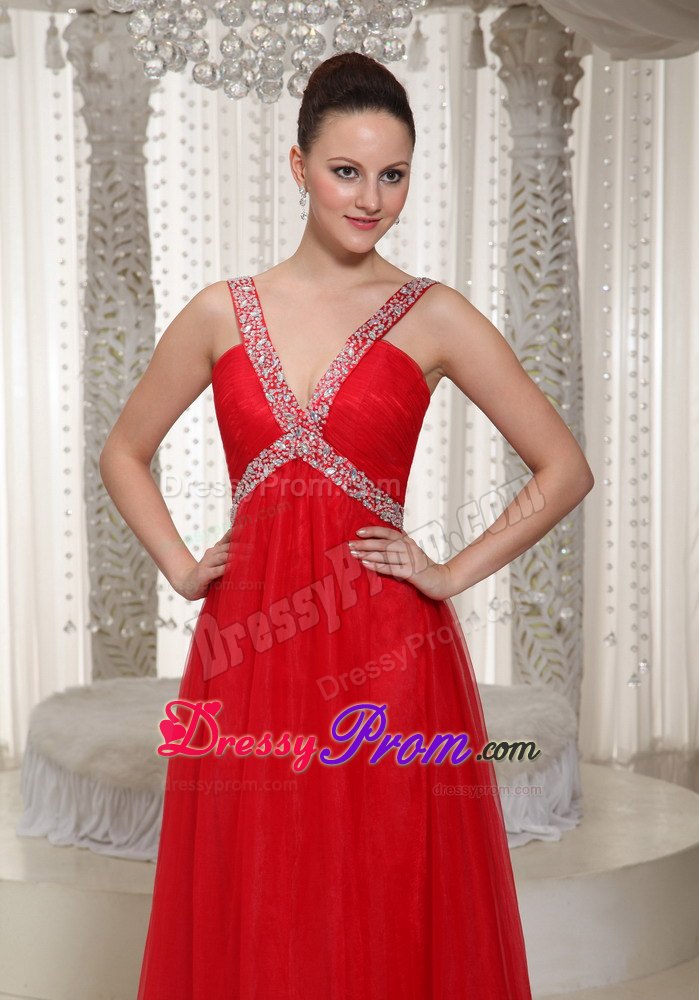 Beading Straps Chiffon Floor-length Prom Dress With V-neck in Red