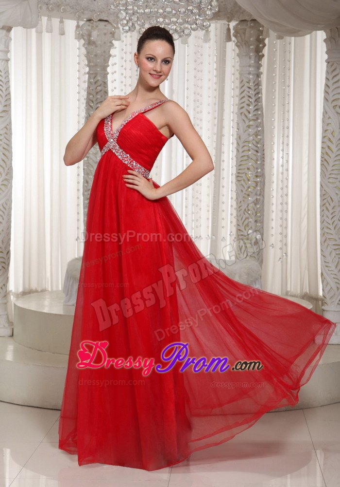 Beading Straps Chiffon Floor-length Prom Dress With V-neck in Red