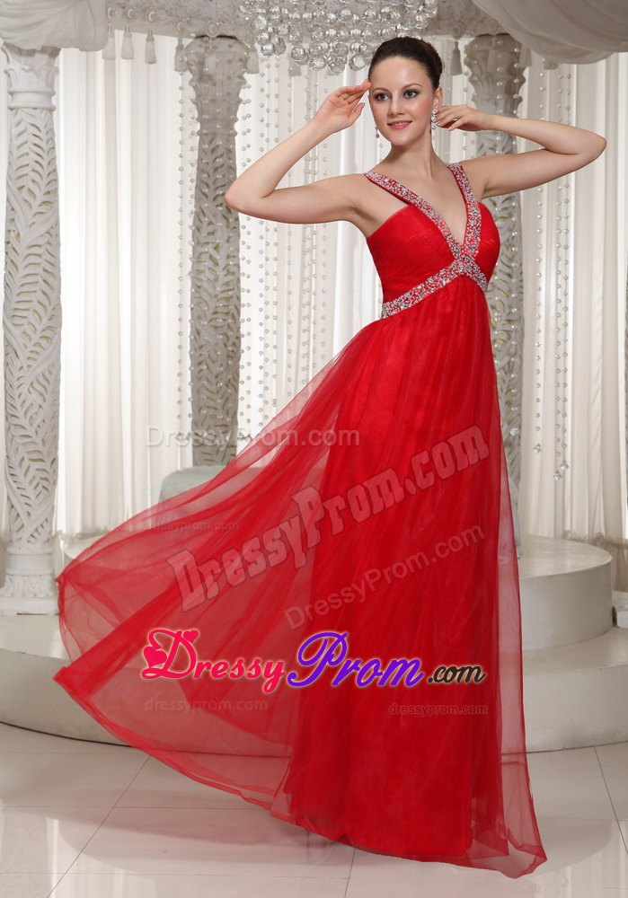 Beading Straps Chiffon Floor-length Prom Dress With V-neck in Red