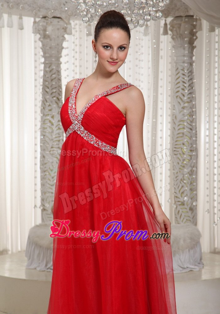 Beading Straps Chiffon Floor-length Prom Dress With V-neck in Red