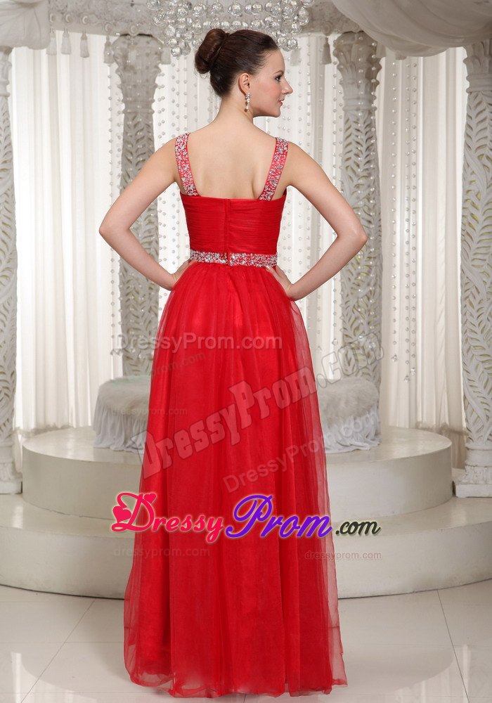 Beading Straps Chiffon Floor-length Prom Dress With V-neck in Red