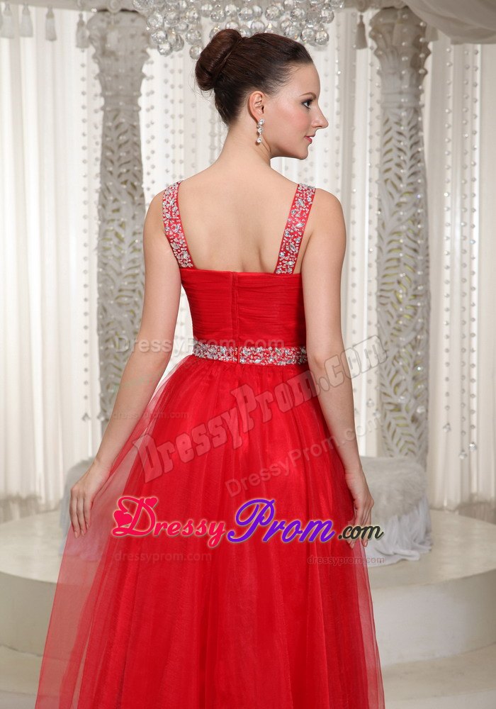 Beading Straps Chiffon Floor-length Prom Dress With V-neck in Red