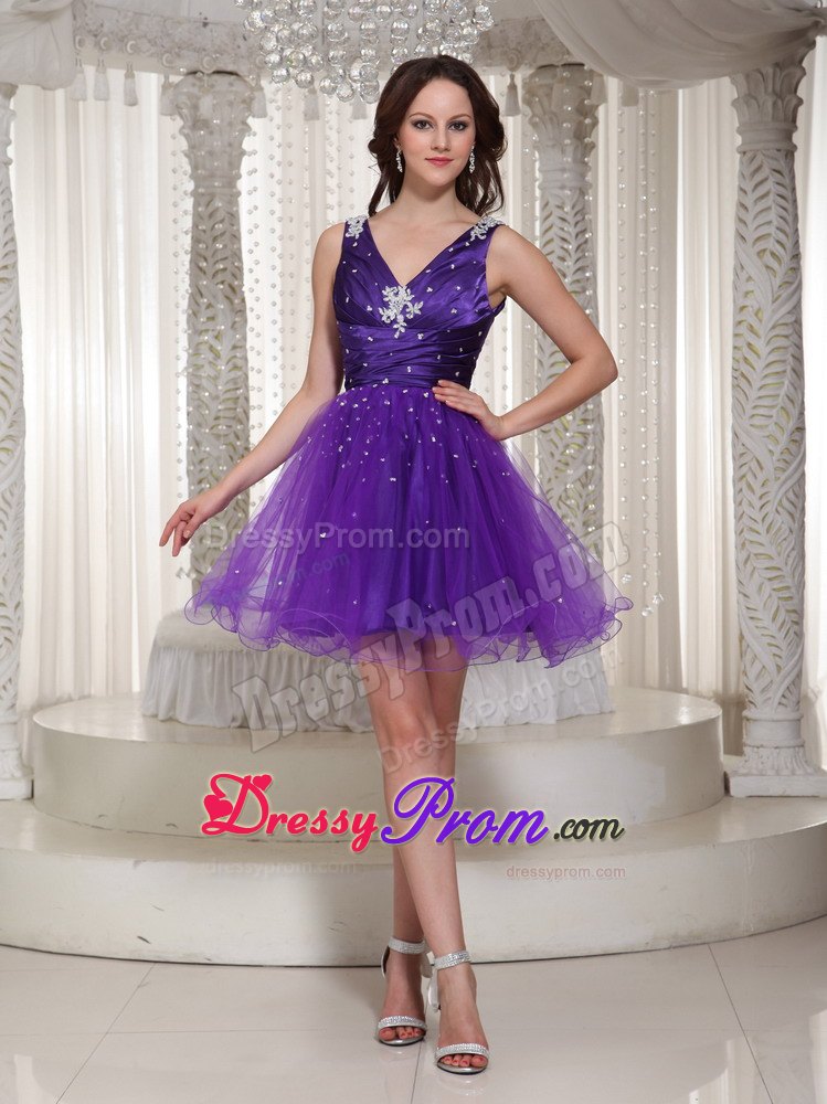 Purple Beading V-neck Organza Mini-length Prom Homecoming Dress