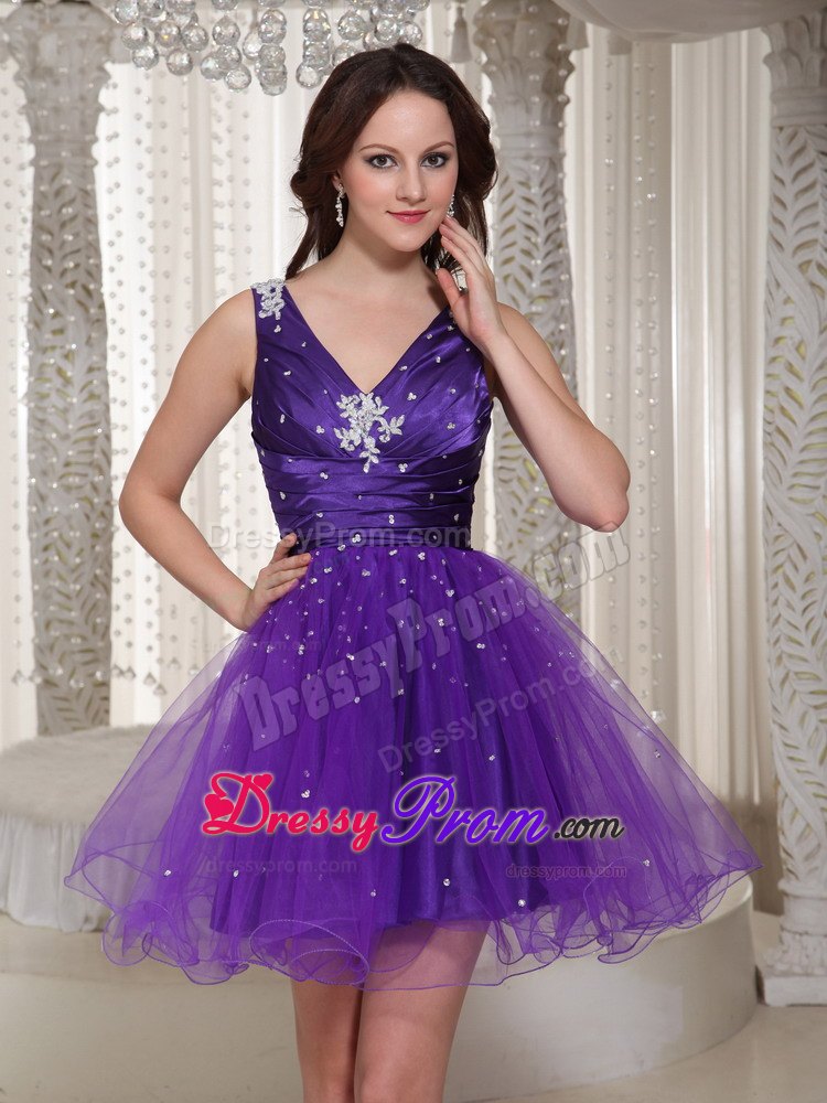 Purple Beading V-neck Organza Mini-length Prom Homecoming Dress