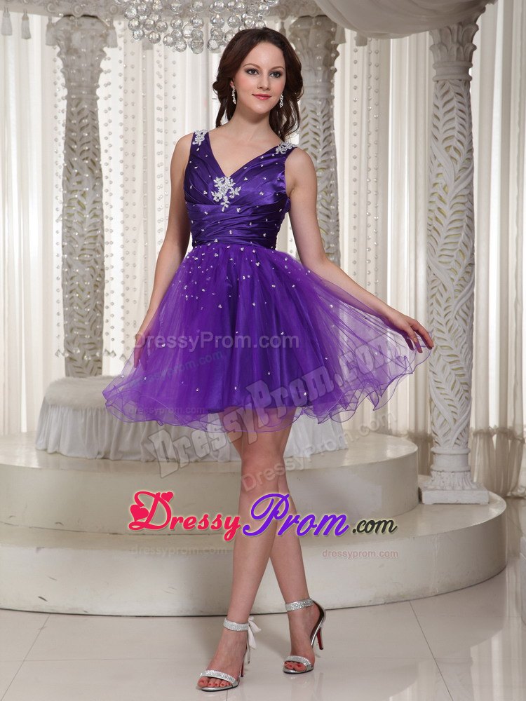 Purple Beading V-neck Organza Mini-length Prom Homecoming Dress
