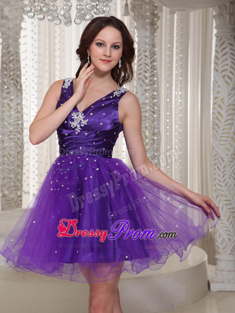 Purple Beading V-neck Organza Mini-length Prom Homecoming Dress