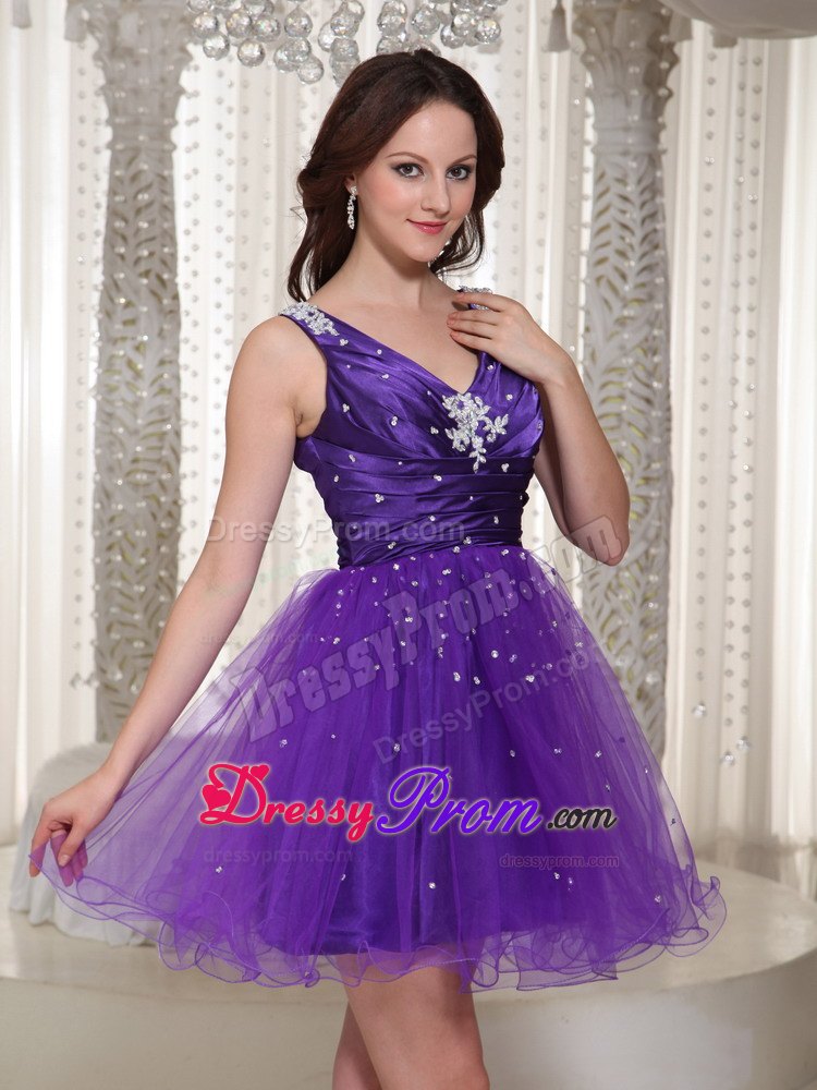 Purple Beading V-neck Organza Mini-length Prom Homecoming Dress