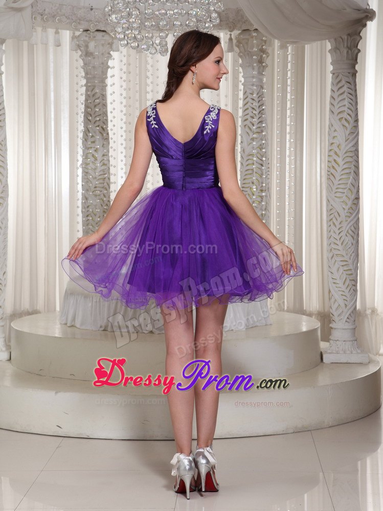 Purple Beading V-neck Organza Mini-length Prom Homecoming Dress