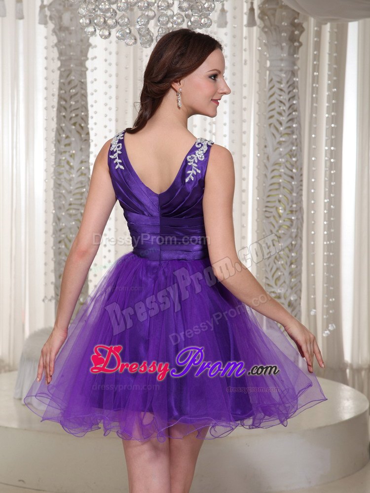 Purple Beading V-neck Organza Mini-length Prom Homecoming Dress