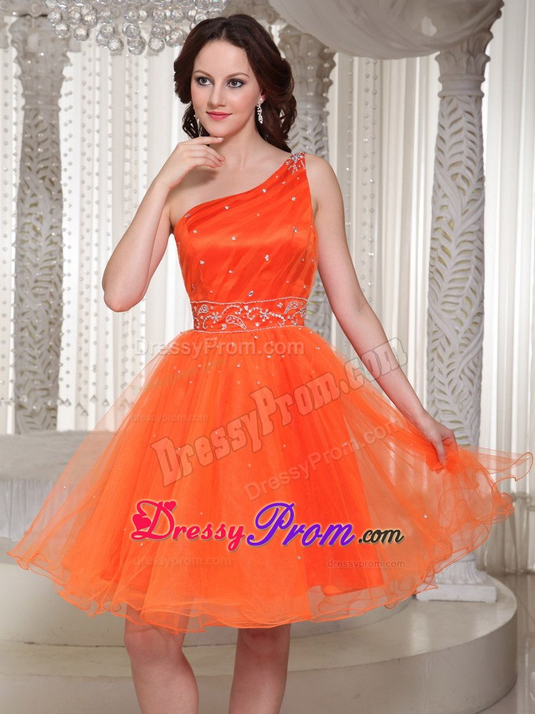 Beading One Shoulder Lace-up Organza Prom Dress With in Orange