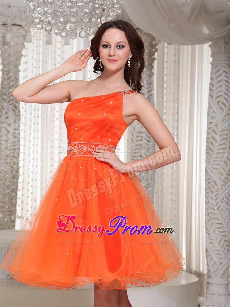 Beading One Shoulder Lace-up Organza Prom Dress With in Orange