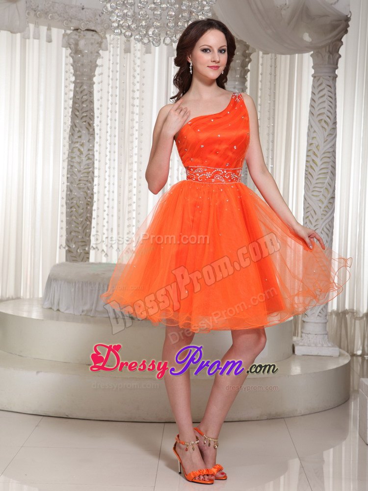 Beading One Shoulder Lace-up Organza Prom Dress With in Orange