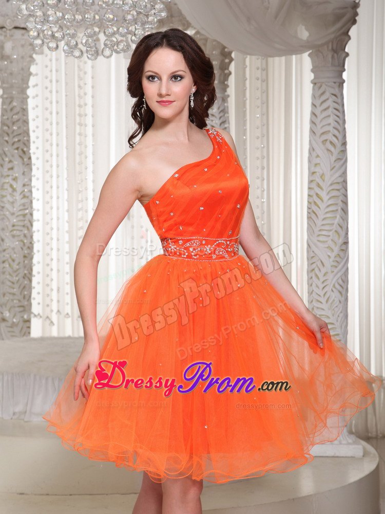 Beading One Shoulder Lace-up Organza Prom Dress With in Orange
