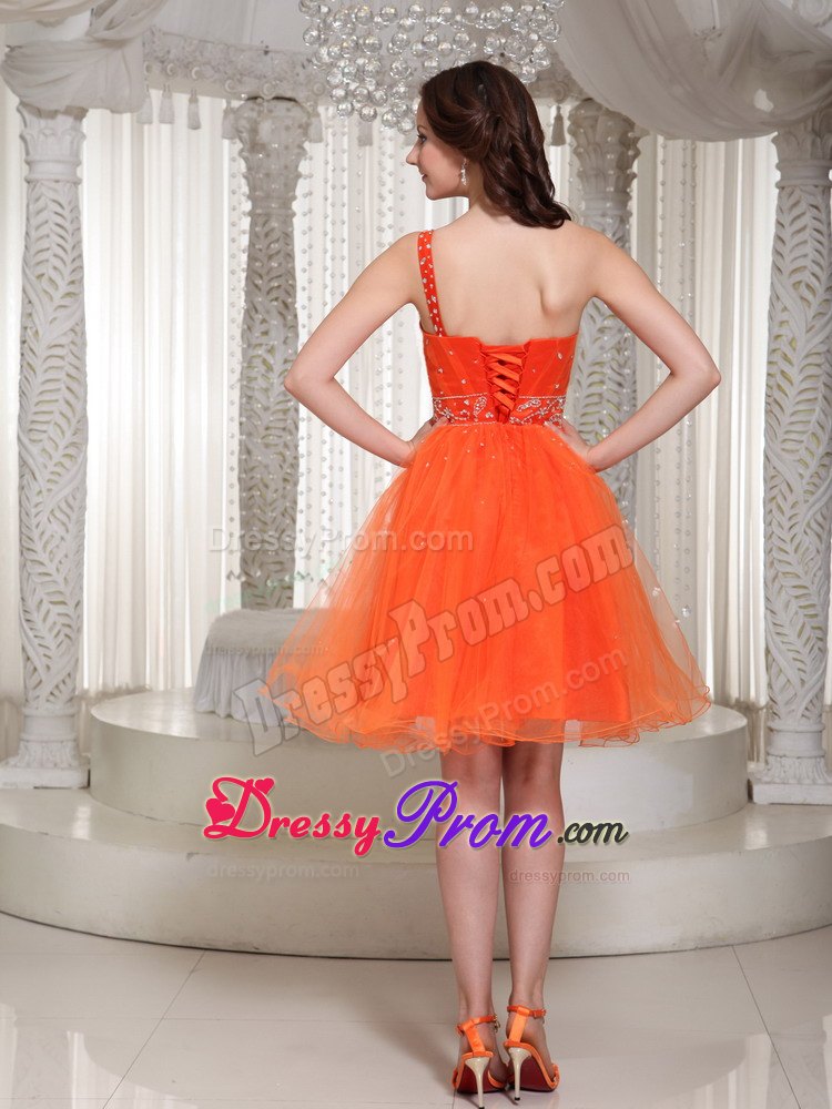 Beading One Shoulder Lace-up Organza Prom Dress With in Orange