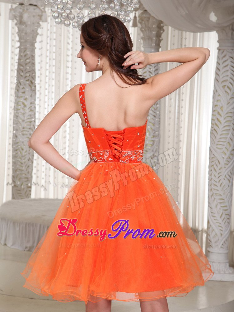 Beading One Shoulder Lace-up Organza Prom Dress With in Orange
