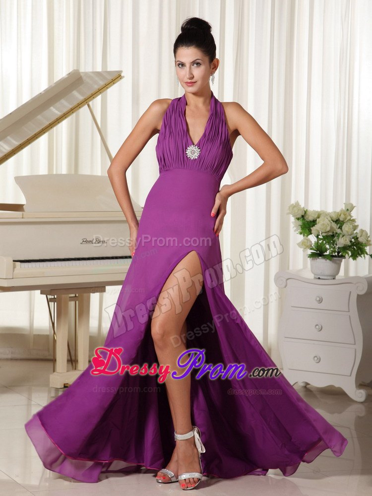 Ruching Halter High Slit Purple Floor-length Prom Homecoming Dress