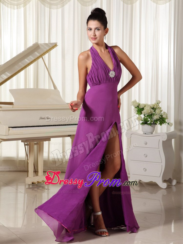 Ruching Halter High Slit Purple Floor-length Prom Homecoming Dress