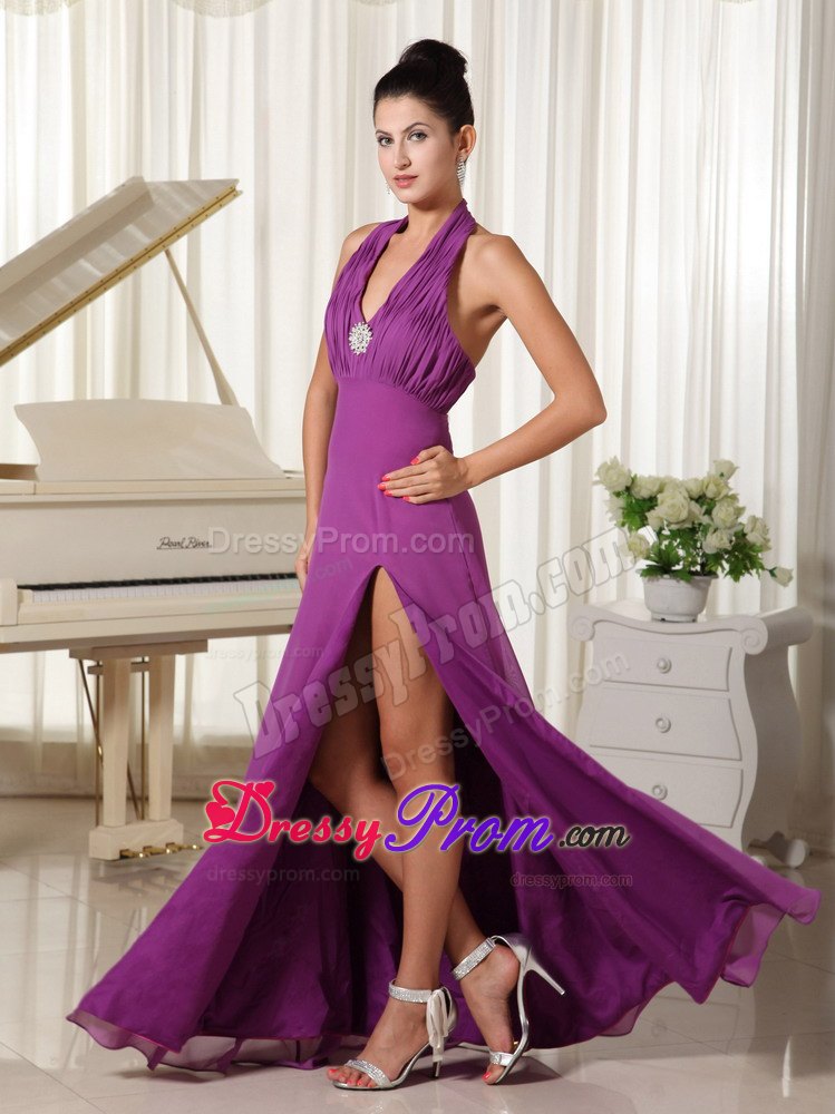 Ruching Halter High Slit Purple Floor-length Prom Homecoming Dress