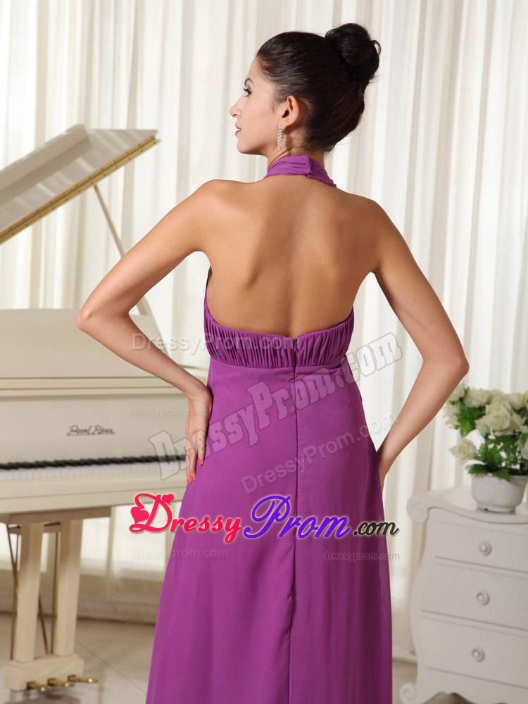 Ruching Halter High Slit Purple Floor-length Prom Homecoming Dress