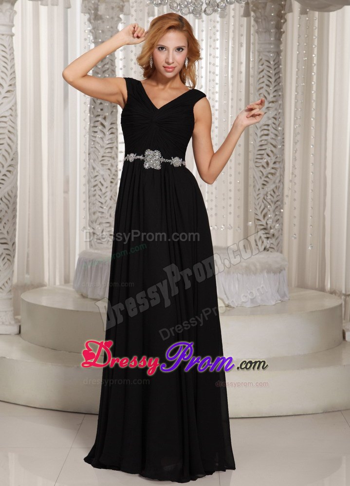 Beading V-neck Black Floor-length Belt Junior Prom and Senior Prom