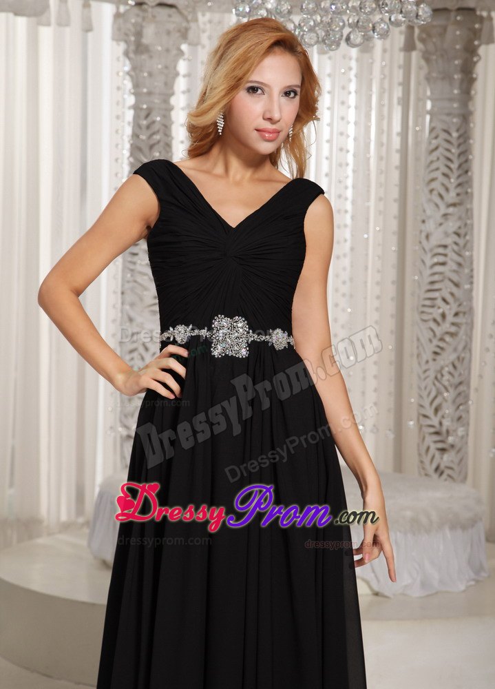 Beading V-neck Black Floor-length Belt Junior Prom and Senior Prom