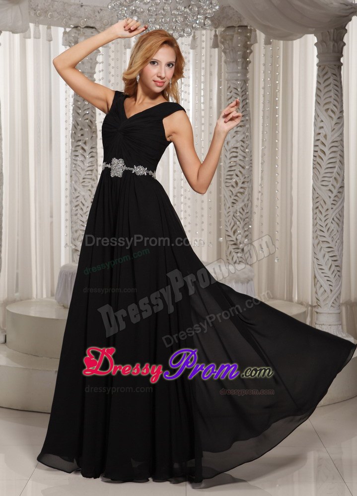 Beading V-neck Black Floor-length Belt Junior Prom and Senior Prom