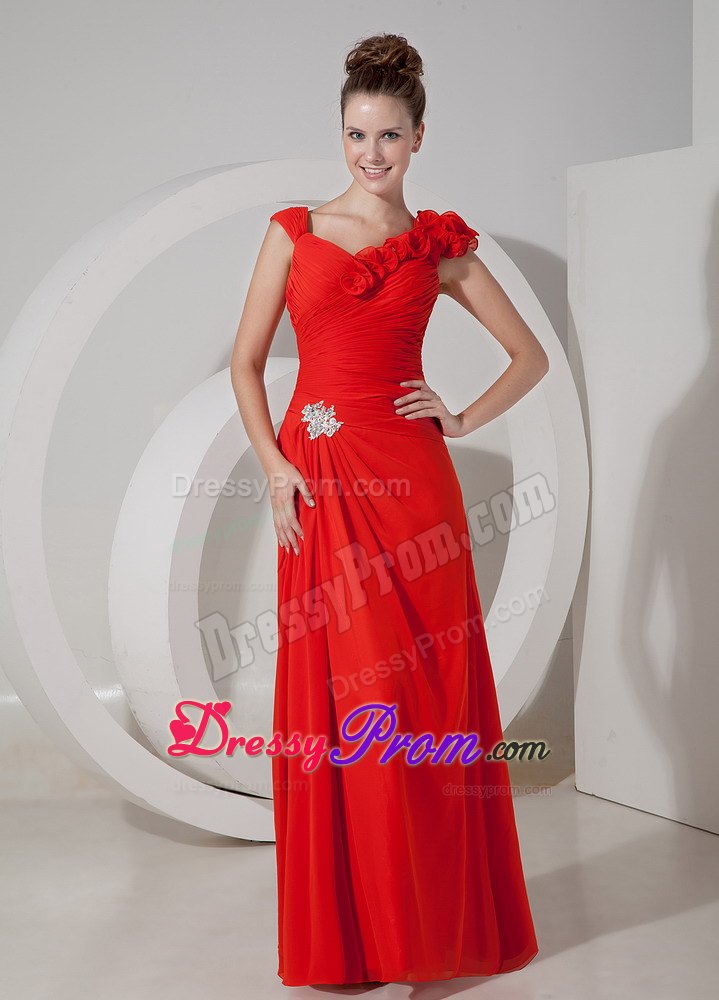 Empire V-neck Red Floor-length Chiffon Prom Evening Dress with Appliques