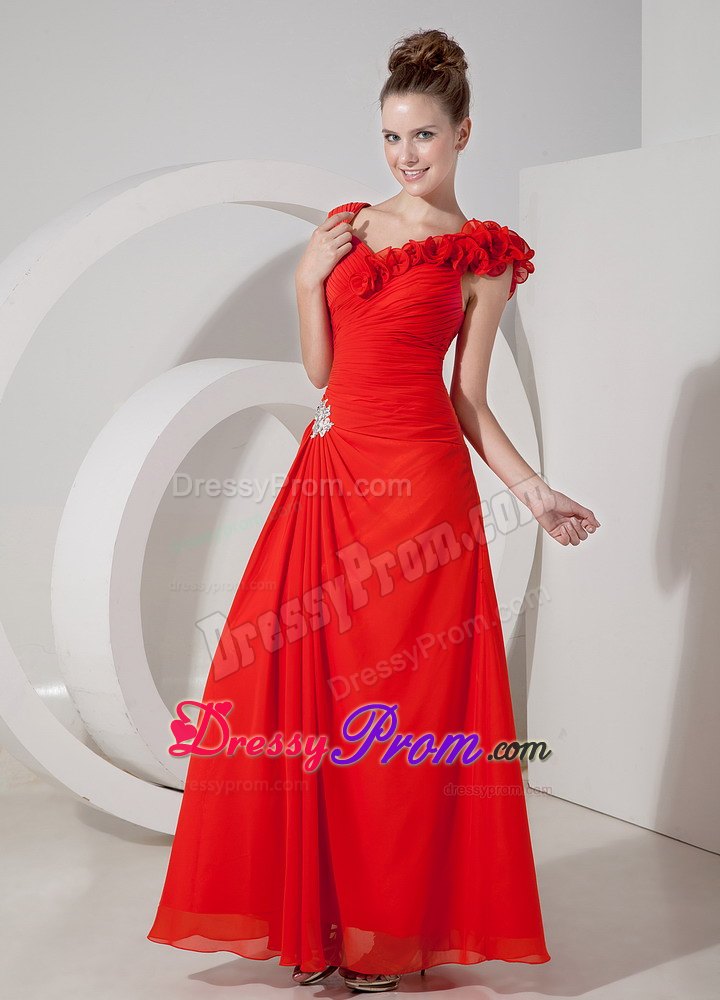 Empire V-neck Red Floor-length Chiffon Prom Evening Dress with Appliques