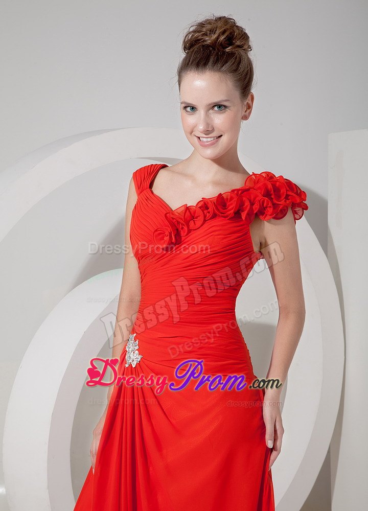 Empire V-neck Red Floor-length Chiffon Prom Evening Dress with Appliques