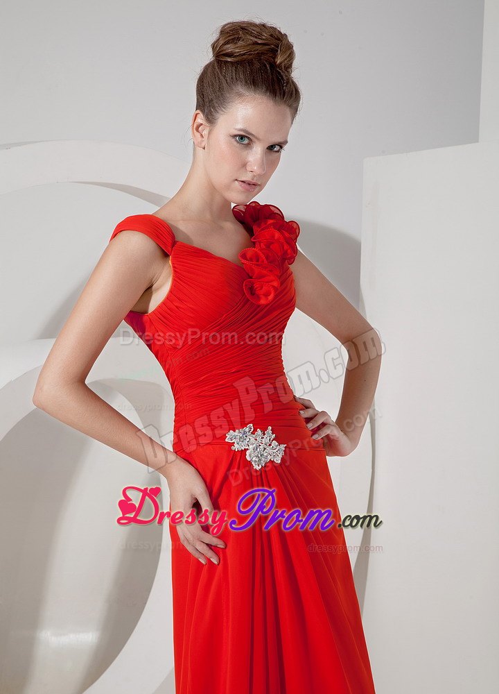 Empire V-neck Red Floor-length Chiffon Prom Evening Dress with Appliques