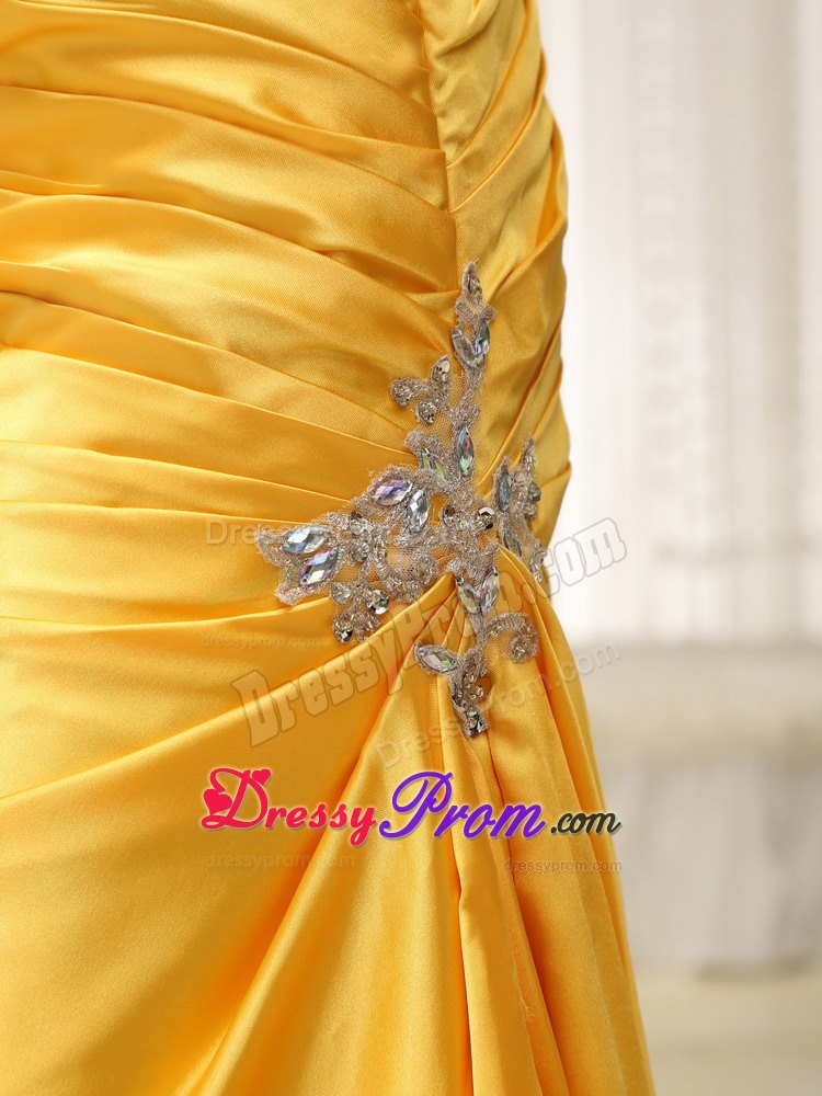 Applique One Shoulder Ruched Prom Dress in Bright Yellow