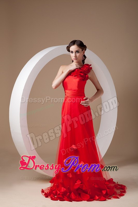 Red One Shoulder Brush Train Hand Made Flowers Prom Gown
