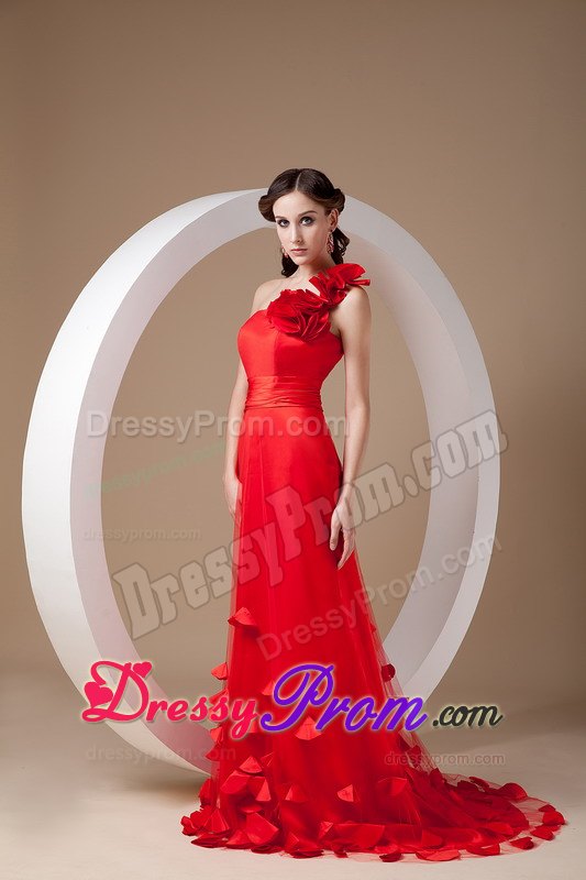 Red One Shoulder Brush Train Hand Made Flowers Prom Gown