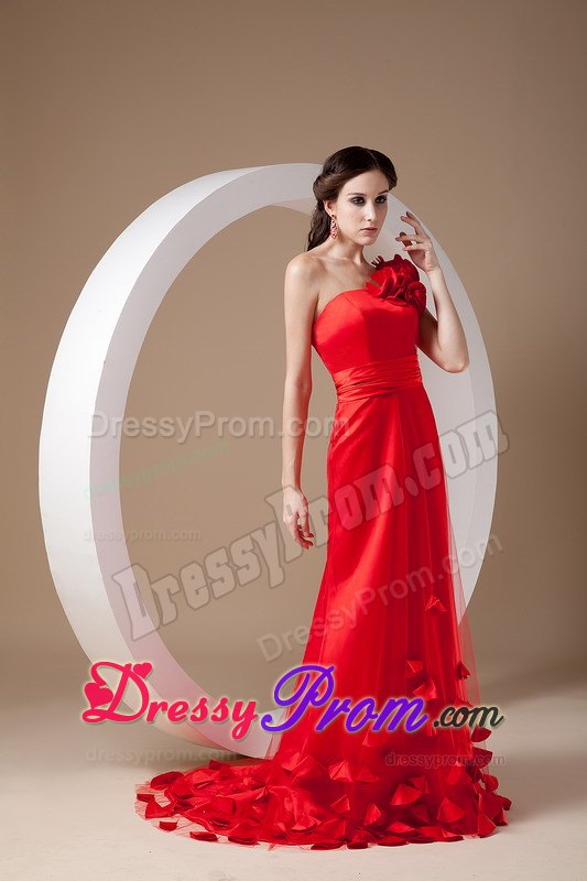 Red One Shoulder Brush Train Hand Made Flowers Prom Gown